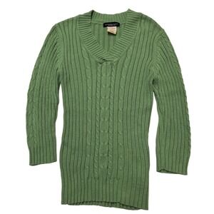 Vintage Reference Point Y2K Sweater‎  L Green Cable Knit V Neck Fitted Preppy